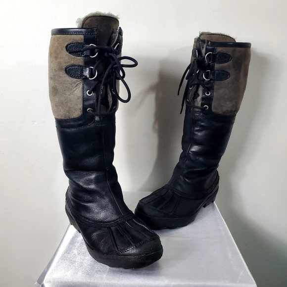 UGG Black Belcloud Waterproof Leather Lace Up Plush Lined Boots Size 8 - Picture 6 of 15